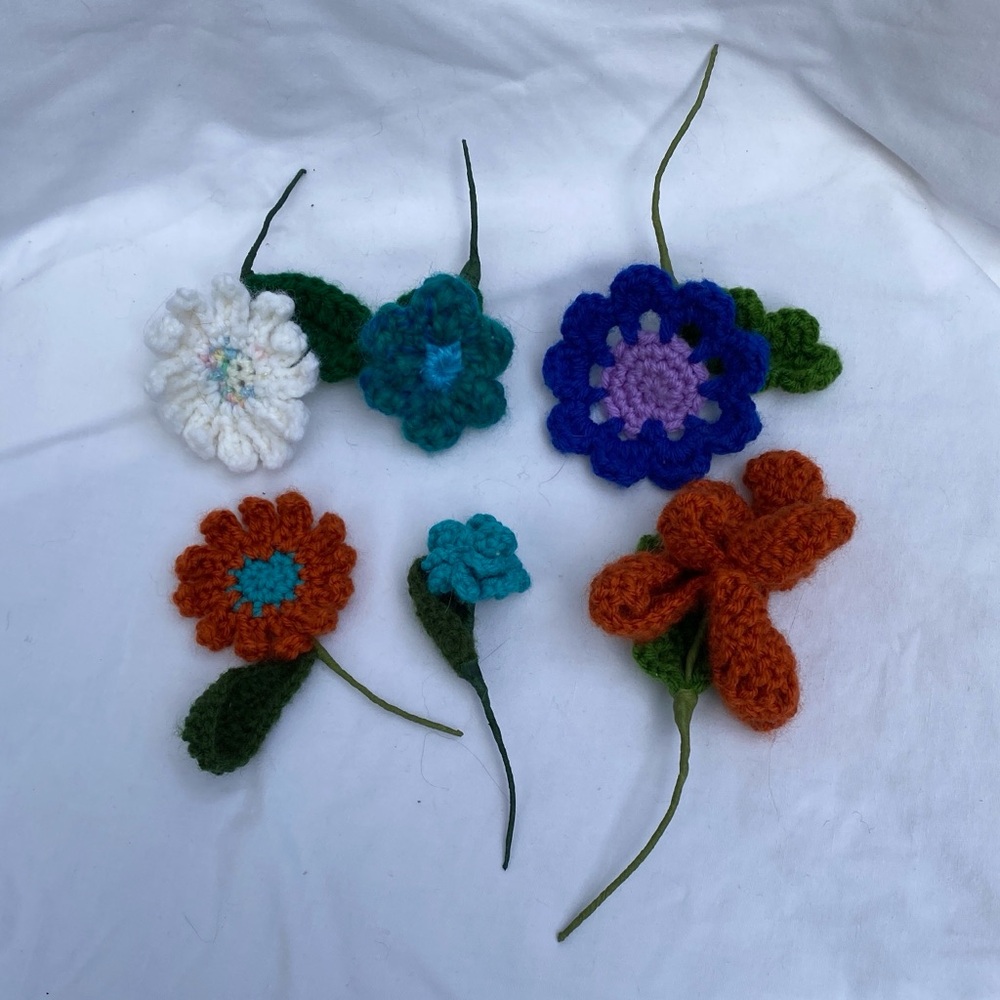 Handcrafted Crochet Flowers on wire stems - set of 6 unique flowers